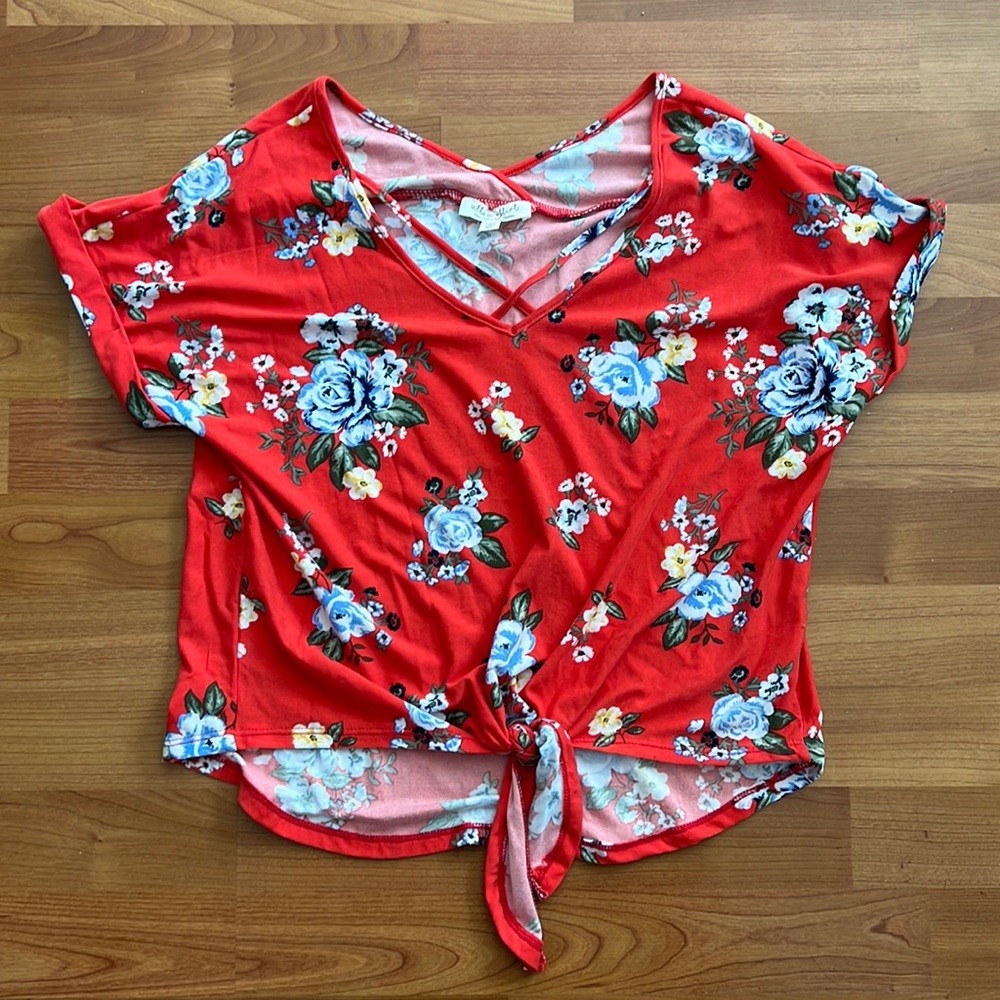 Ultra Flirt Red Floral Crop Top with Cross Neck - Size Medium